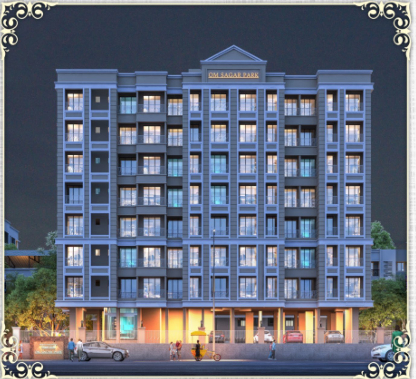 Om Sagar Park night view elevation